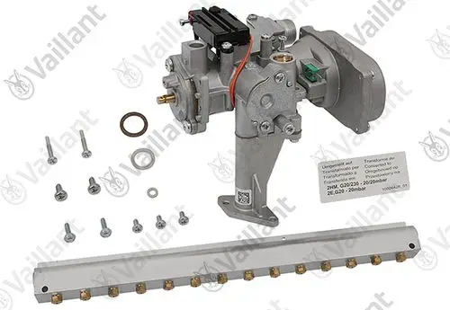 Vaillant Umstellsatz mit verschiedenen Befestigungselementen und einem Aluminiumrohr. Abgebildet sind ein Gasventil und Zubehörteile.